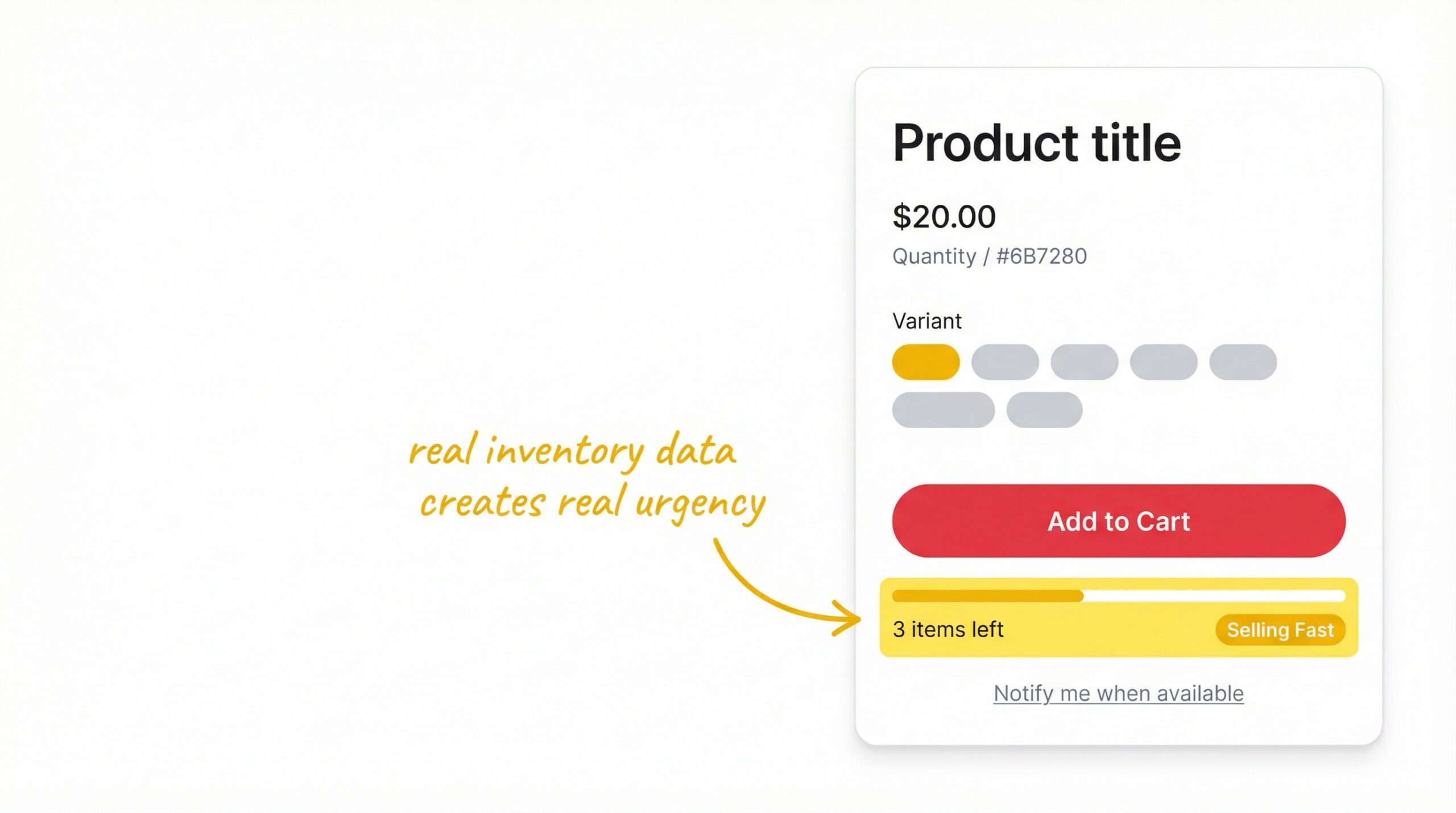 ecommerce: Shopify product page mockup showing a low stock counter bar at 3 items left below the add to cart button with a selling fast badge and a...
