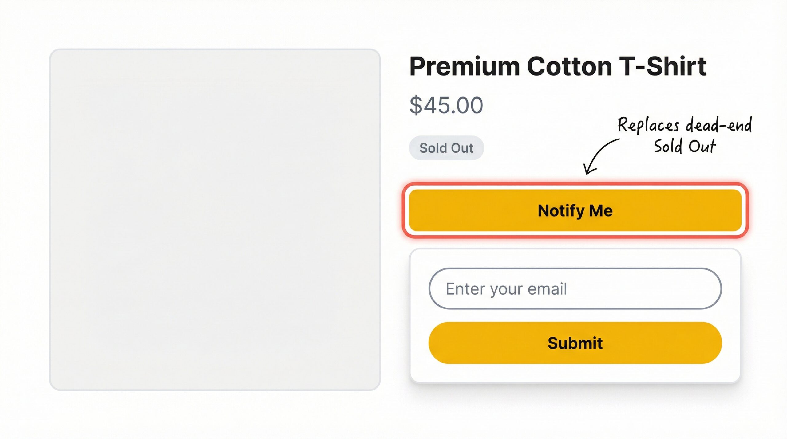 Shopify product page showing a sold-out product with a bright yellow Notify Me button below the sold-out badge and customer email capture popup