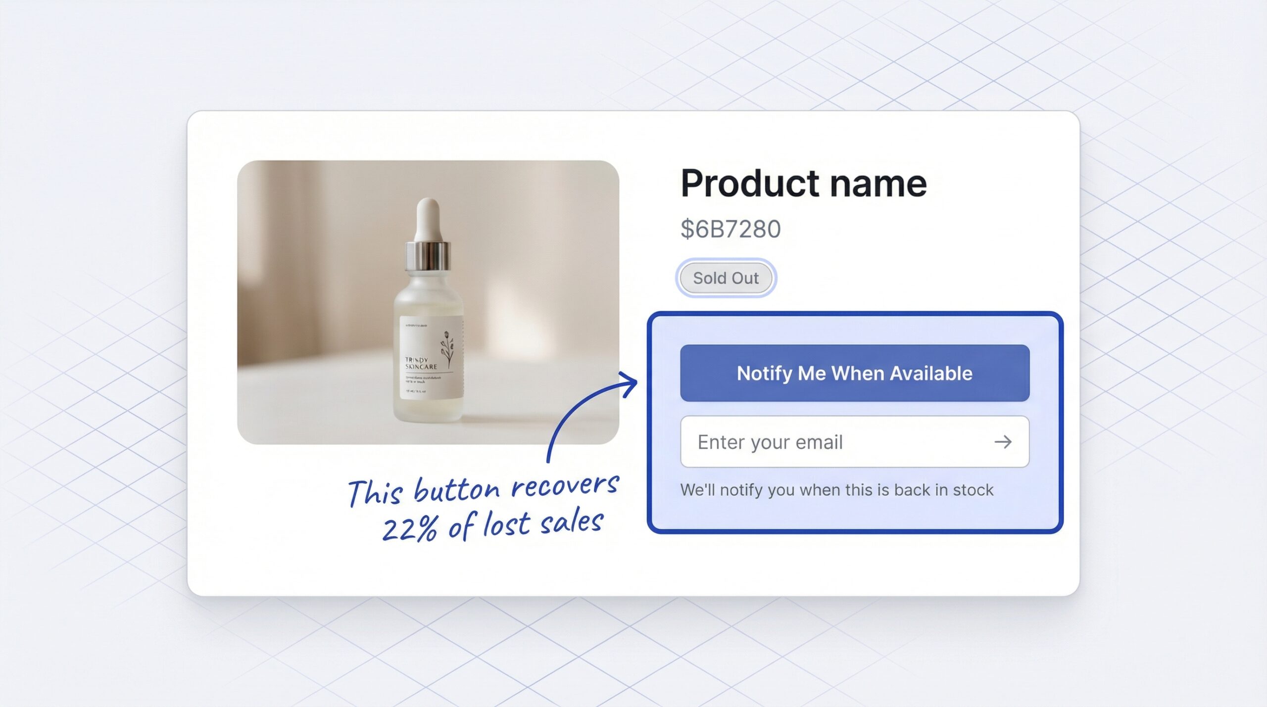 notify me button shopify: Shopify product page showing a sold-out product with a Notify Me button below the sold-out badge and customer email capture