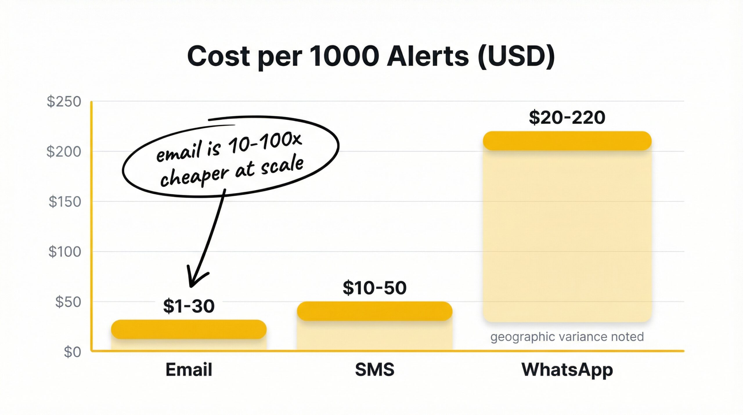 ecommerce: cost per 1000 alerts bar chart showing email at $1-30 and SMS at $10-50 and WhatsApp at $20-220 with geographic variance noted for Whats...