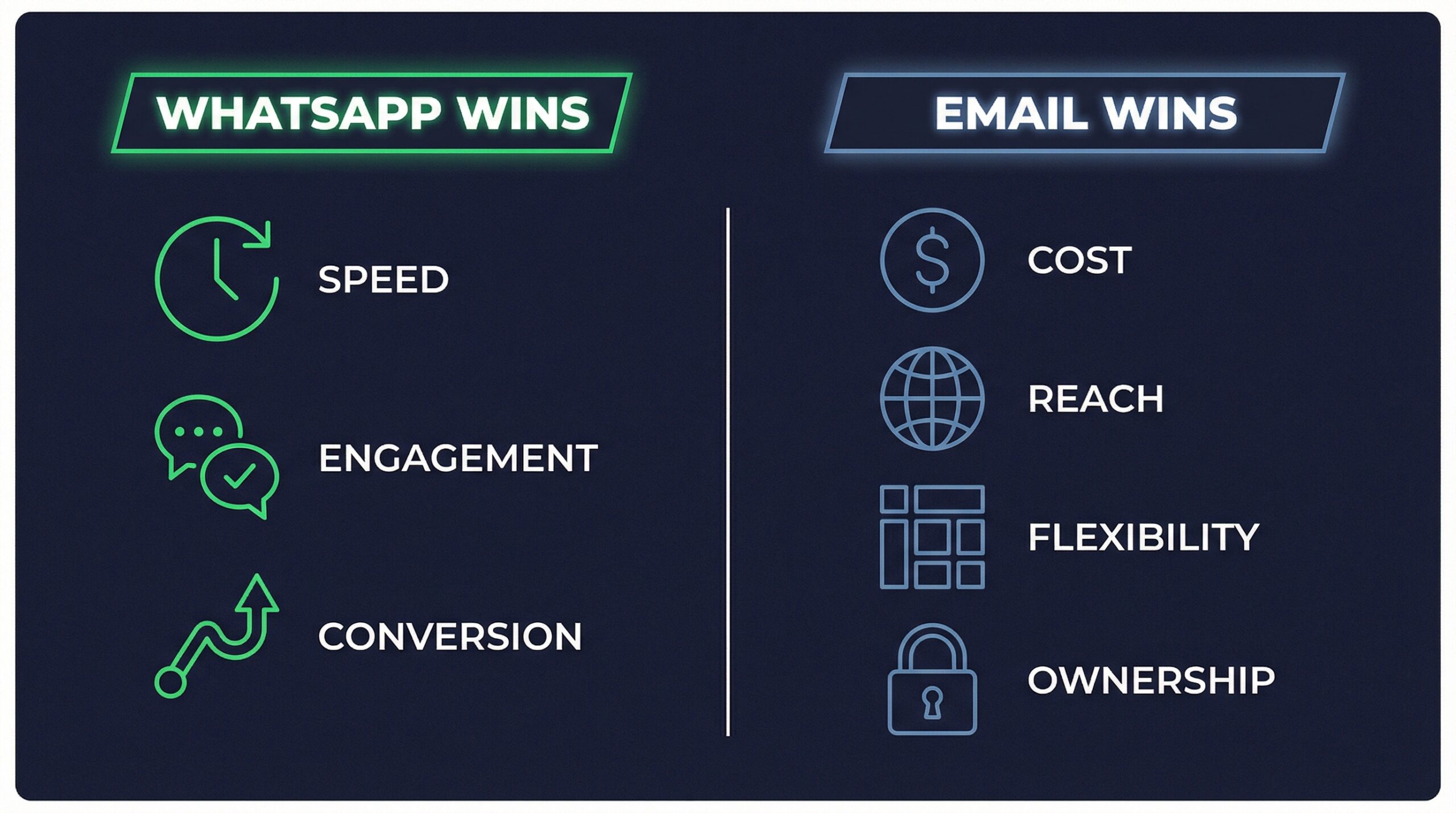 WhatsApp strengths versus email strengths comparison