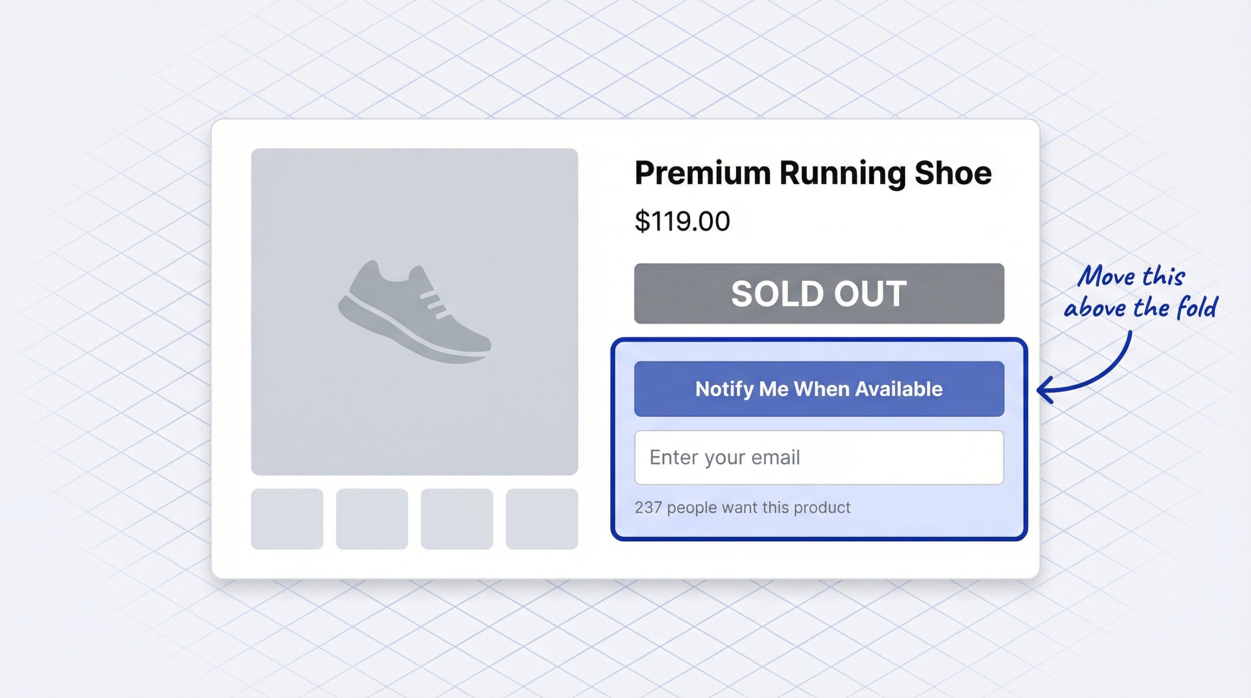 Shopify product page wireframe showing Notify Me button placed above the fold with single email field and social proof showing 237 people waiting