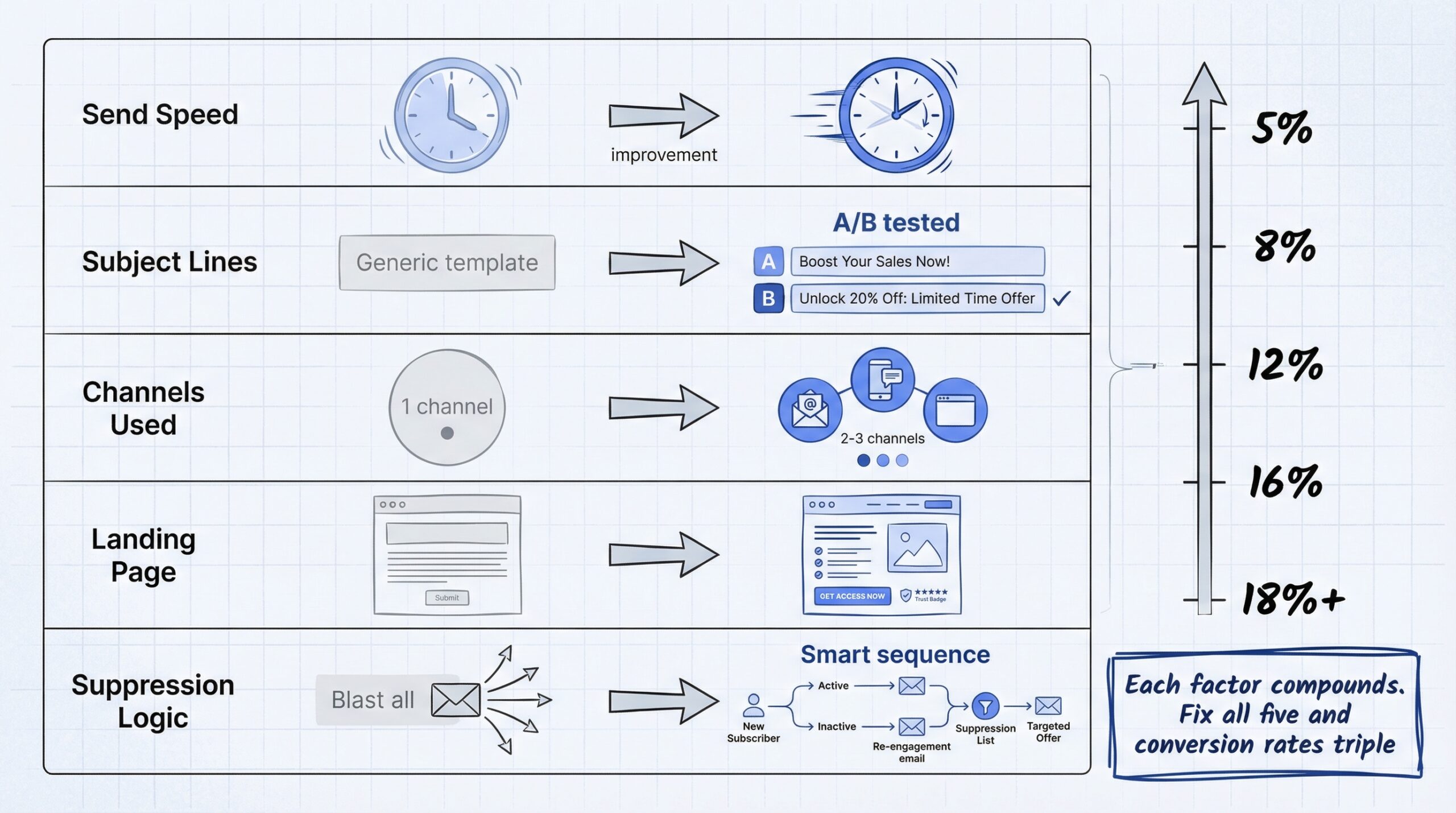 Five factors that separate top-performing stores from average ones with conversion rate impact showing each factor compounds