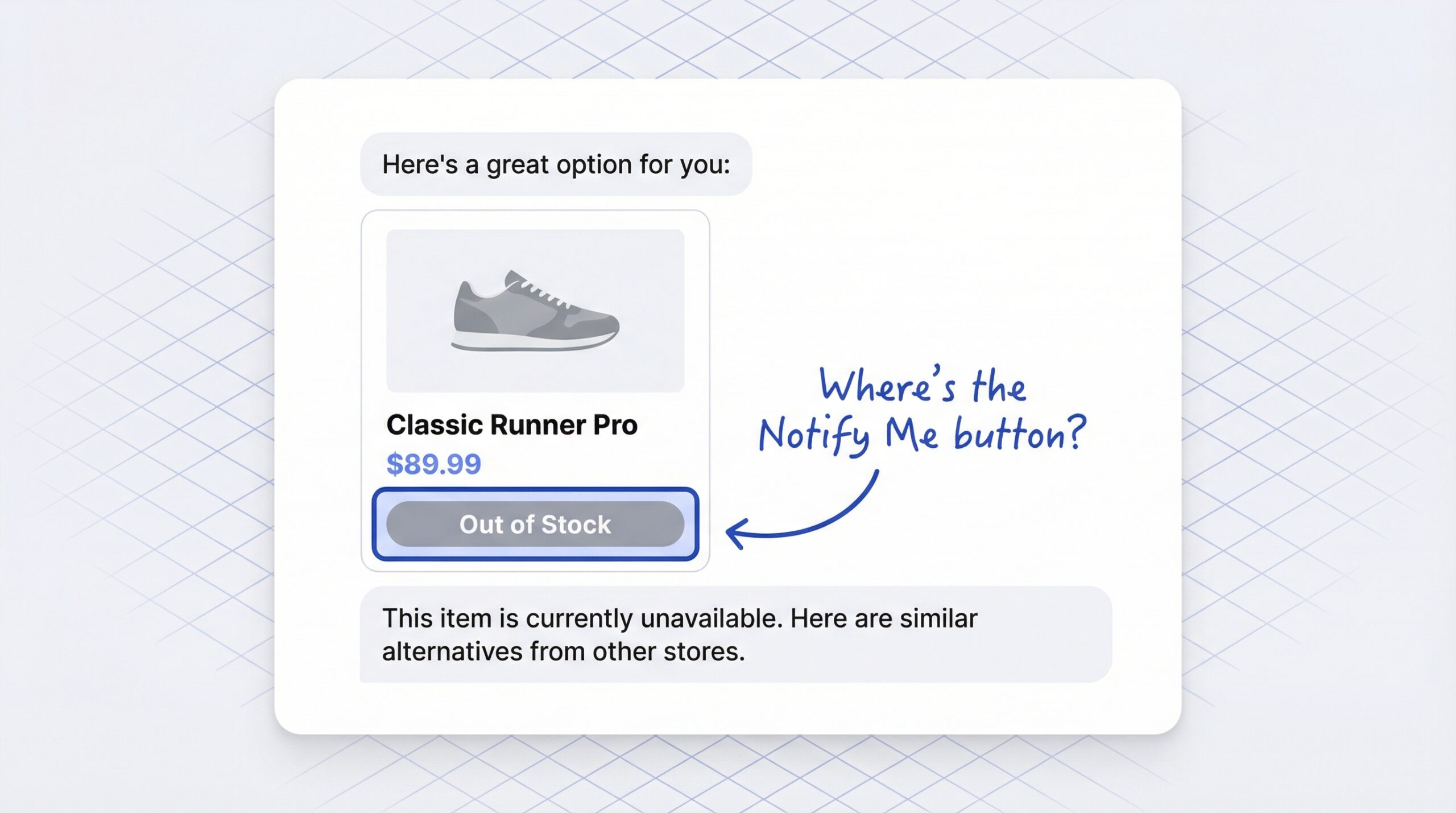 ChatGPT-style chat interface showing an out-of-stock product card with no Notify Me button, AI suggests competitor alternatives instead