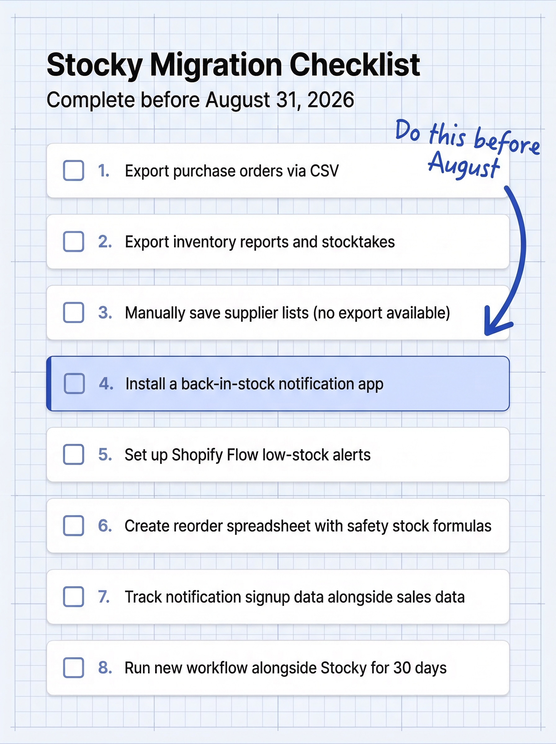 Eight-item Stocky migration checklist: export purchase orders, save supplier lists, install notification app, set up Shopify Flow alerts, create reorder spreadsheet, test new workflow